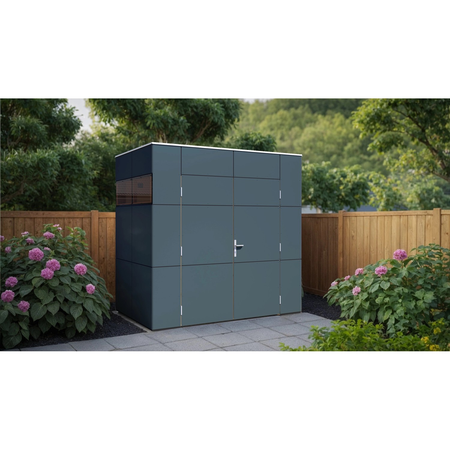 Modernes, anthrazitfarbenes Bertilo Gartenhaus HPL Mini (231x152cm) mit Flachdach im Garten.
