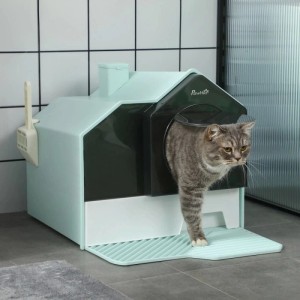 PawHut Katzentoilette in Hütten-Design, mintgrün/grau, mit Katze beim Verlassen. Inkl. Schaufel & Matte. Für Sauberkeit.