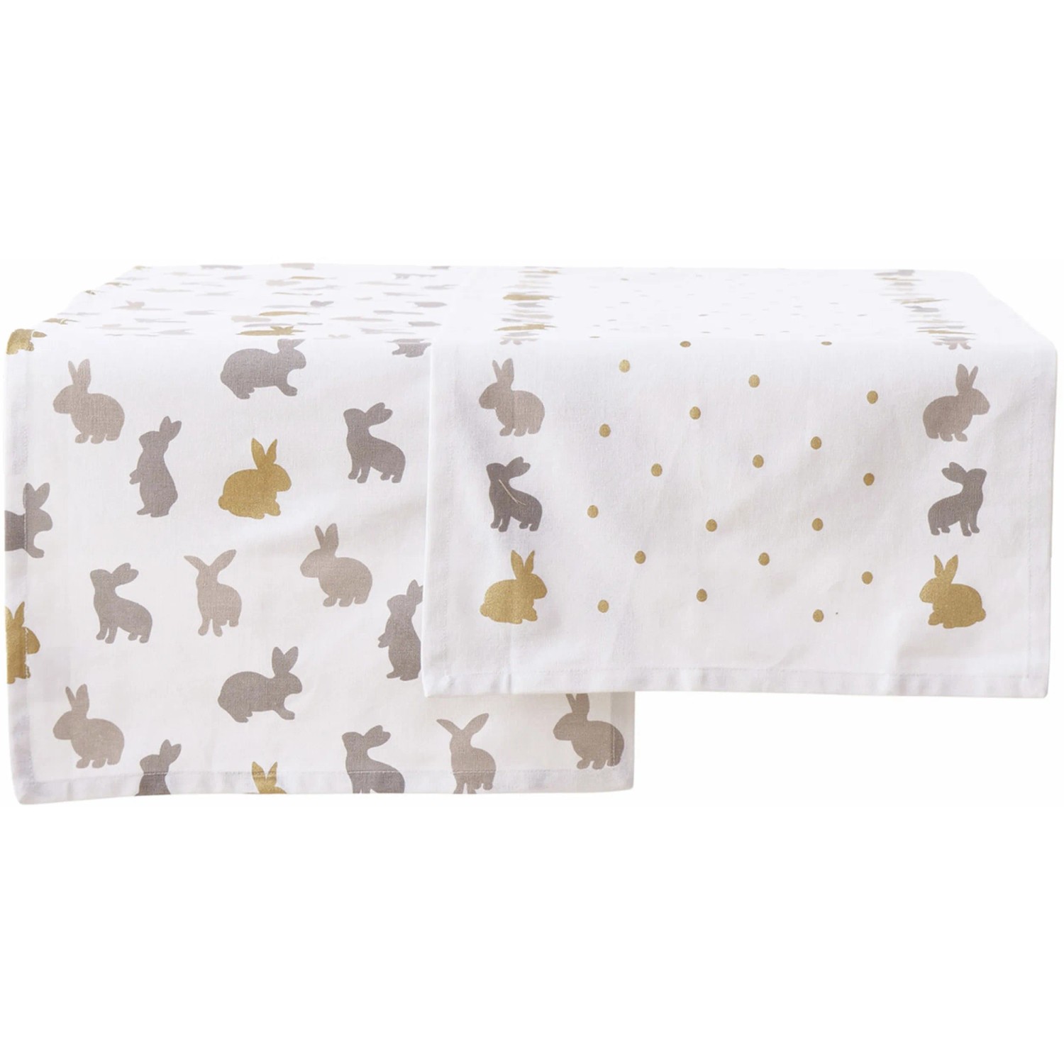 Boltze Tischläufer Tinka, 2-fach sortiert, mit Hasen- und Punktmuster in Beige, Gold und Grau.
