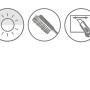 Symbole für Funktionen des Gardinia EasyFix Rollos: Lichtdurchlässigkeit, Reinigung, Zuschneiden.