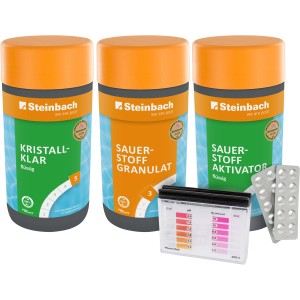 Steinbach Sauerstoff Starter-Set zur Poolpflege mit Granulat, Aktivator, Algezid und Testgerät.