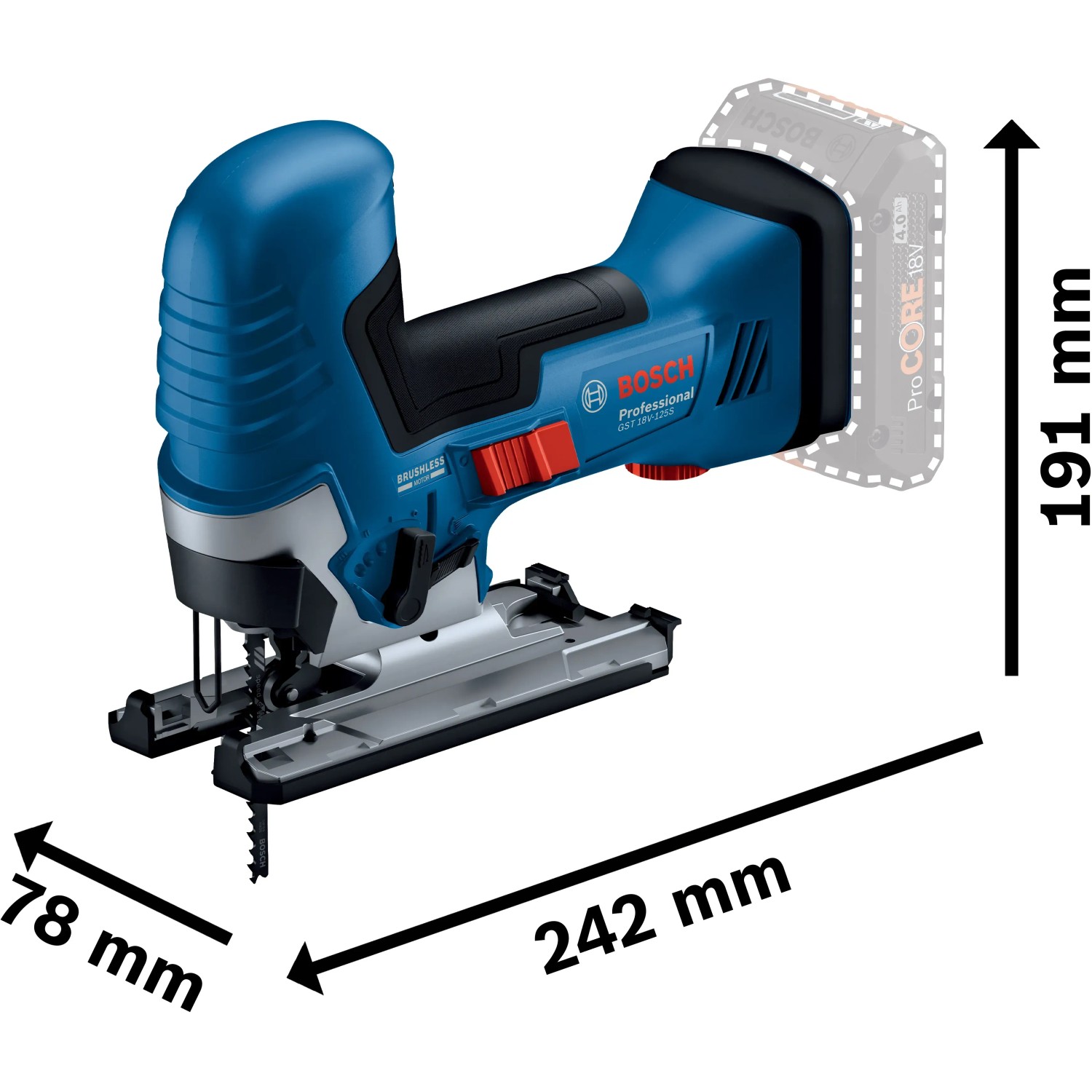 Bosch Professional Akku-Stichsäge GST 18 V-125 S in L-Boxx mit Maßangaben.