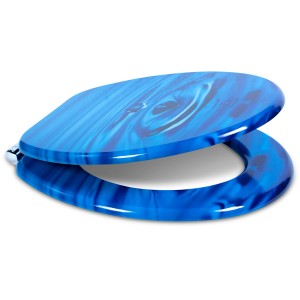Sanfino WC-Sitz Waterdrop, Toilettendeckel aus Holz mit Absenkautomatik, blaues Wassertropfen-Design.
