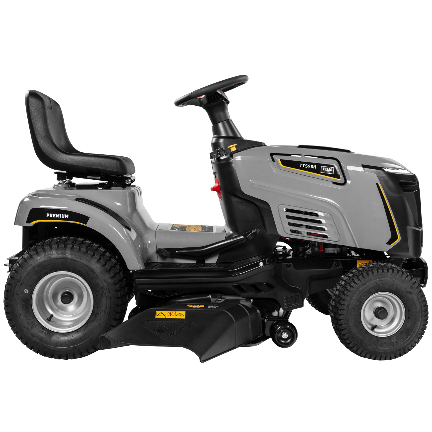Texas Premium TTS98H Rasentraktor in Grau mit schwarzem Sitz und Lenkrad.