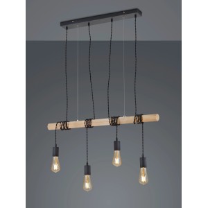 Schwarze, matte 4-flammige Deckenlampe Brody mit Holzstab und E27 Fassungen.