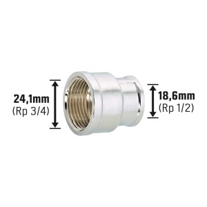 Verchromte Gewinde-Reduziermuffe aus Messing, 18,6 mm (Rp 1/2) x 24,1 mm (Rp 3/4), für Gewindefittings.