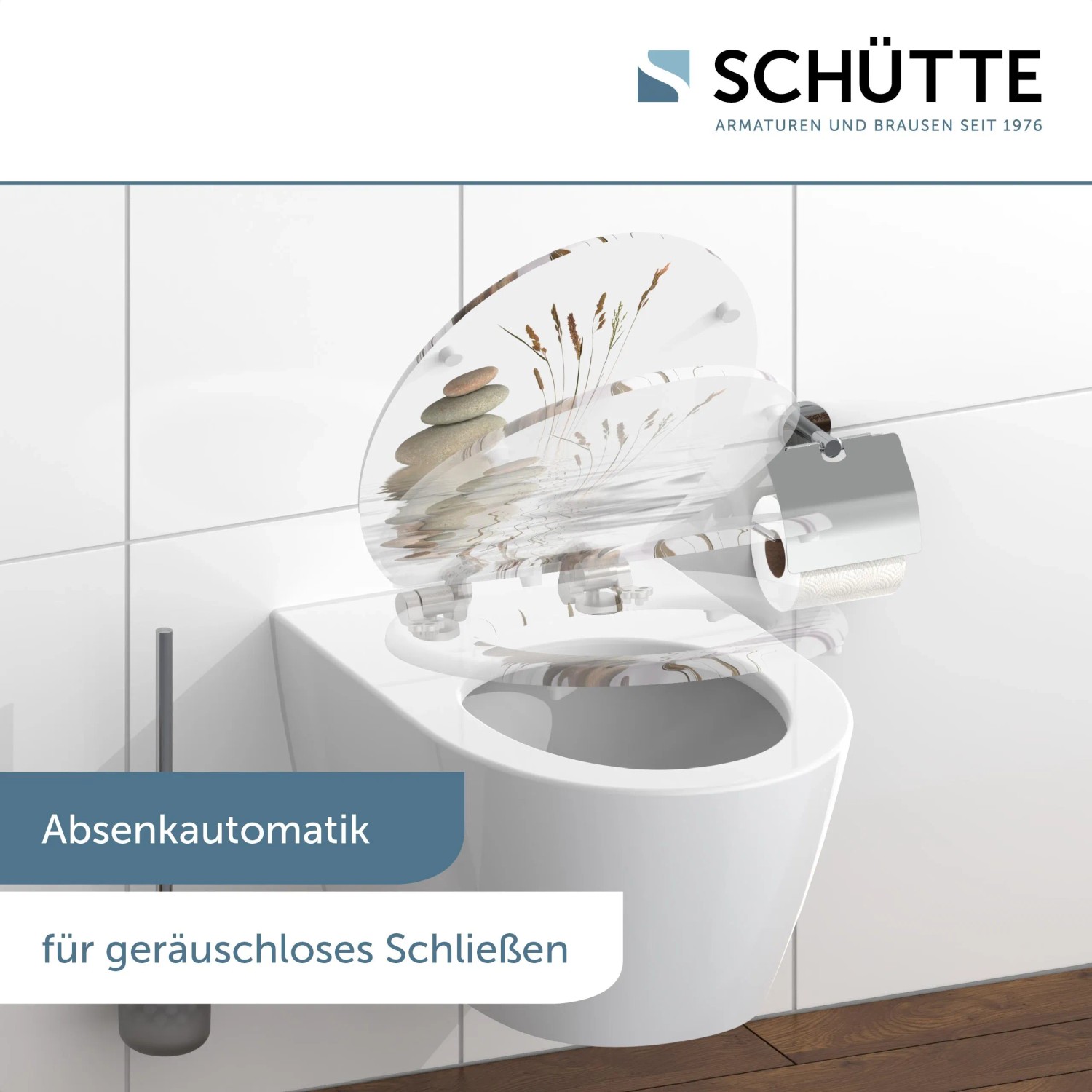 Schütte WC-Sitz Balance mit Holzkern und Absenkautomatik auf weißem WC.