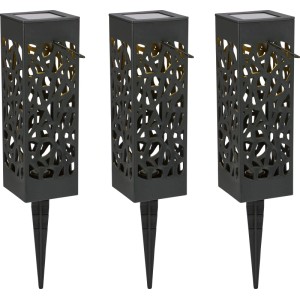 3er Set Solar-LED-Leuchten Moasco mit Erdspieß, schwarzer Kunststoff mit Muster, für stimmungsvolle Deko im Garten.
