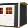 Modernes, anthrazitfarbenes Weka Holz-Gartenhaus mit Flachdach und Doppeltür.