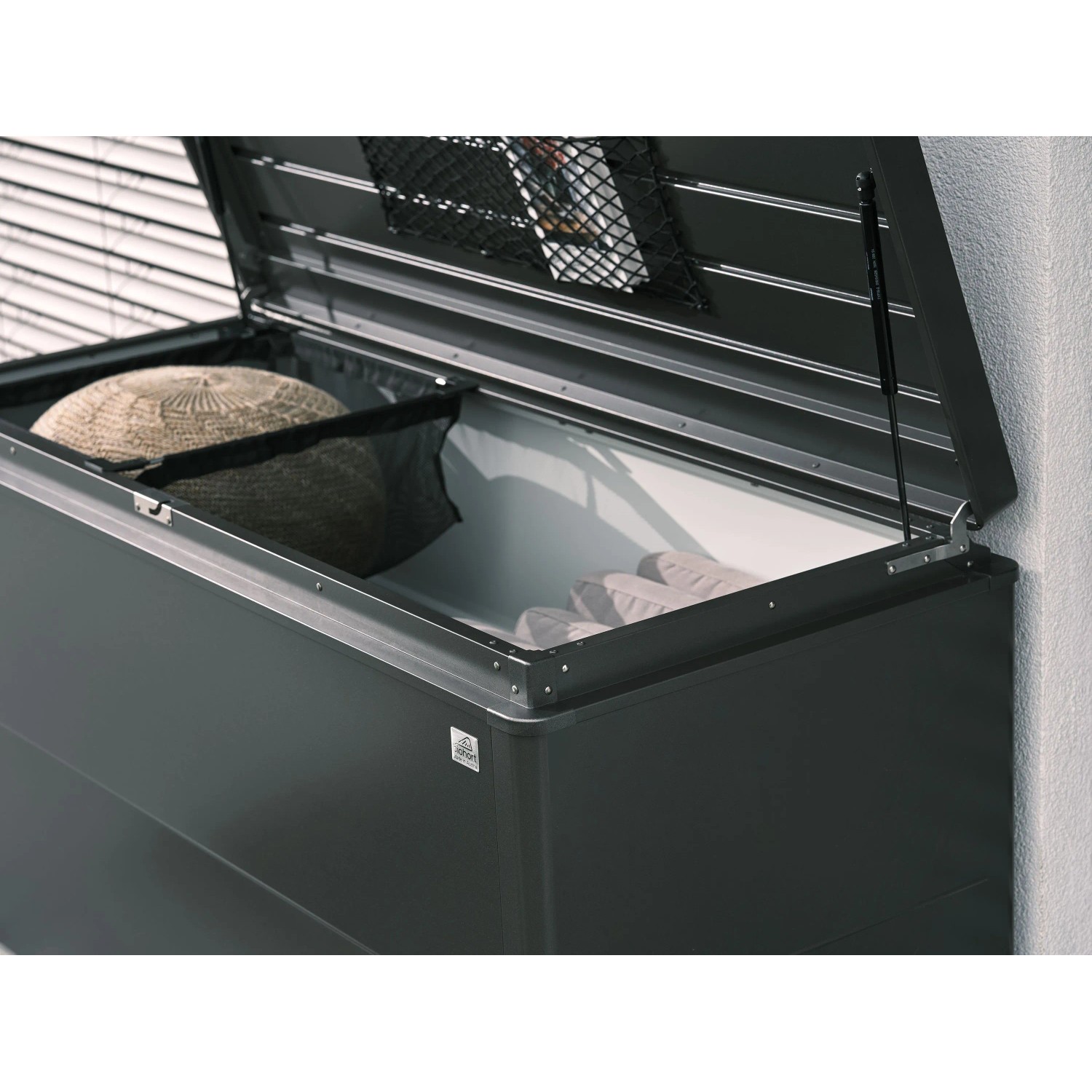 Offene Biohort Loungebox 160 Dunkelgrau-Metallic, Universalbox für Sitzkissen und Gartenzubehör.