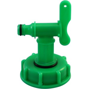 Grüner Hahn mit Klicksystem für IBC-Regentonne. Zubehör für Wasserzapfstelle.