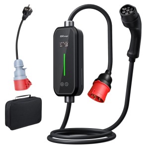 Junsun 11kW Typ 2 EV-Ladegerät mit LCD-Display, 6m Kabel, CEE-Stecker, Adapter und Tasche.