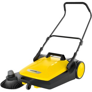 Gelbe Kärcher Kehrmaschine S6 mit Seitenbesen und schwarzem Schubbügel.