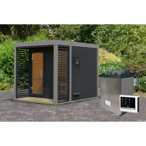 Karibu Saunahaus "Seros 2" mit Ofen 9 kW Extern Anthrazit/Graualuminium