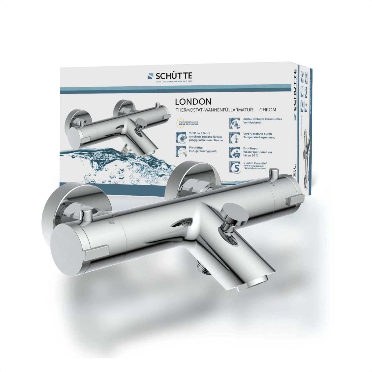 Schütte Thermostat Wannenarmatur London Chrom, Aufputz-Thermostat mit Eco-Funktion und Verbrühschutz.