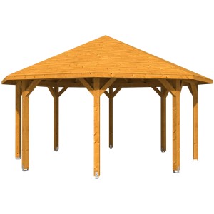 Skan Holz Pavillon Nice 3, Leimholz, 557x557 cm, Eiche hell. Gartenlaube mit Holzpfosten und Dach.