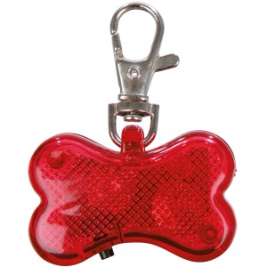 Roter Jollypaw Flasher in Knochenform, 4,5x3cm, für Hundehalsbänder, mit Clip.