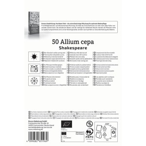 Rückseite der Kiepenkerl BIO Wintersteckzwiebel Shakespeare Verpackung mit Pflanzanleitung, Winterhärte und Logos.