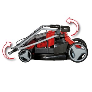 Zusammengeklappter Einhell Akku-Rasenmäher GE-CM 36/350 Li M Kit für platzsparende Lagerung.