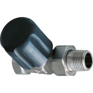 Herz Heizkörper-Regulierventil Durchgang, Rotguss vernickelt, mit schwarzem Griff zur Heizungs-Installation.