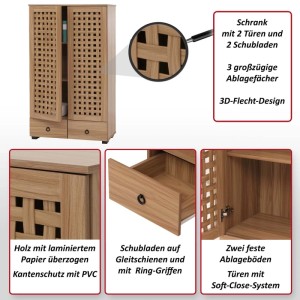 Brauner Wohnzimmerschrank mit 3D-Flechtmuster, zwei Türen, zwei Schubladen und Soft-Close System.