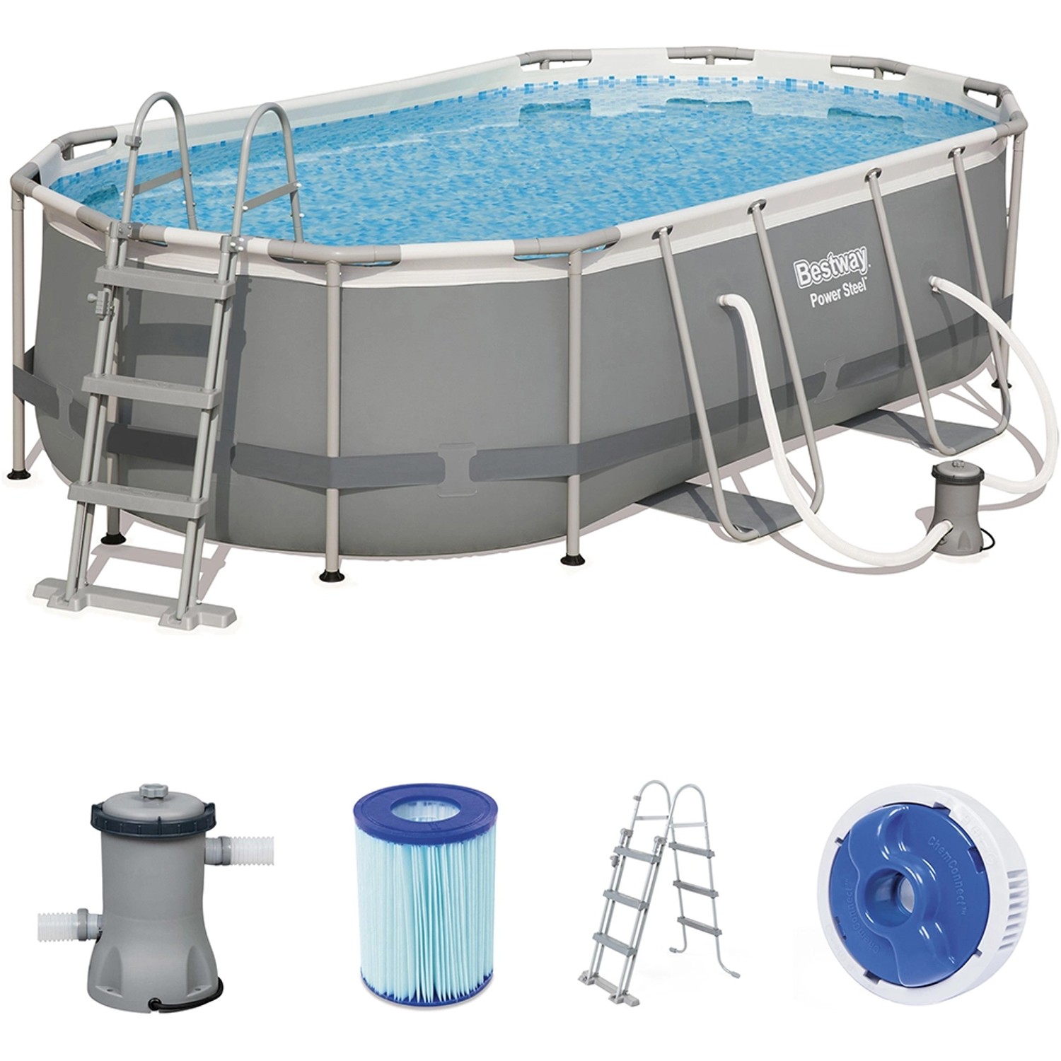 Bestway Stahlrahmenpool-Set Power Steel, oval, 427x250x100 cm, mit Leiter und Filterpumpe.