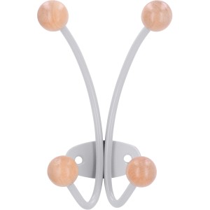 Siro Garderobenhaken 1292, silbergraues Metall mit Ahorn-Holzkugeln.