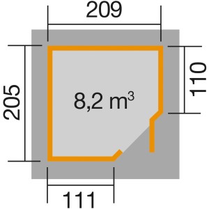 Grundriss weka Holz-Gartenhaus Angolo A, 209x205 cm, Flachdach, naturbelassen, 8,2 m³ Volumen.
