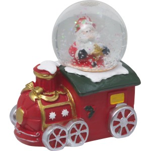 LED-Schneekugel mit Weihnachtsmann auf roter Polyresin-Eisenbahn, festliche Weihnachtsdekoration.