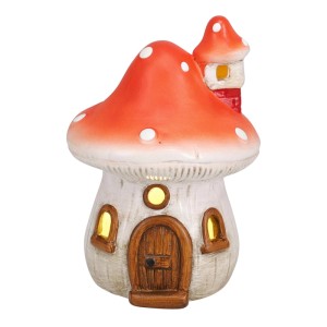 Dekorativer Terrakotta Deko-Pilz mit rotem Hut, weißen Punkten und leuchtenden LED-Fenstern als Pilzhaus.