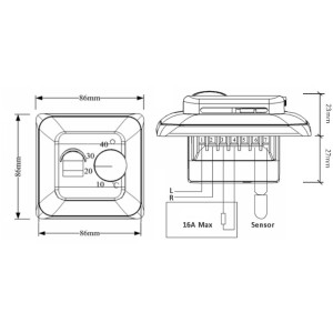 Schema des Perobe Temperaturreglers für Fußbodenheizung mit Maßangaben.