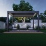 Dunkelgrauer Aluminium-Pavillon 3x4 M mit elektrischem Lamellendach und LED-Beleuchtung auf Terrasse.