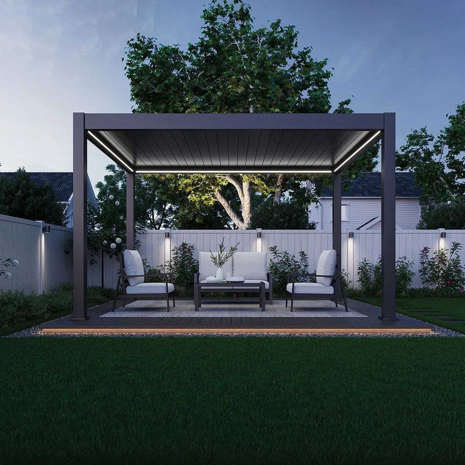 Dunkelgrauer Aluminium-Pavillon 3x4 M mit elektrischem Lamellendach und LED-Beleuchtung auf Terrasse.