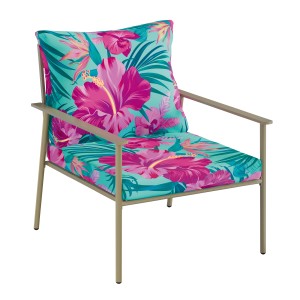 Sessel des 3-tlg. Balkonmöbel-Sets Dalysford mit floralem Muster auf Sitz- und Rückenkissen.