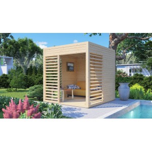 Bertilo Pavillon Garten-Lounge aus Holz, 234x226 cm, mit Lamellenwand im Garten.