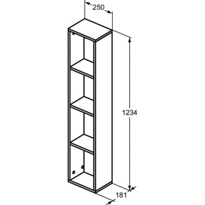 Skizze: Ideal Standard Bad-Hochschrank Adapto, weiß, 123,4 x 18,1 x 25 cm, mit vier offenen Fächern.