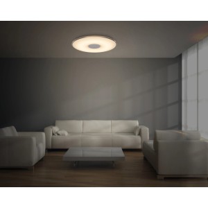 Moderne, runde Trio LED-Deckenleuchte Tokyo aus Acryl und Metall in Weiß im Wohnzimmer.