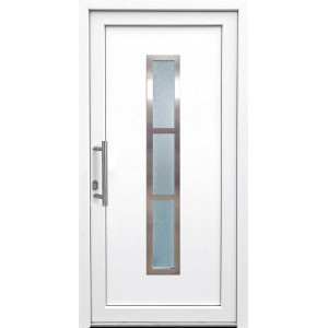 Weiße Kunststoff-Haustür mit Edelstahl-Applikationen und Glasfenster, Anschlag links.