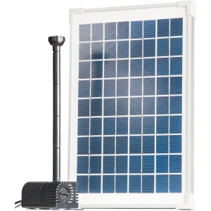 Heissner Solar-Teichpumpen-Set mit Pumpe, Solarpanel und Wasserspielaufsätzen.