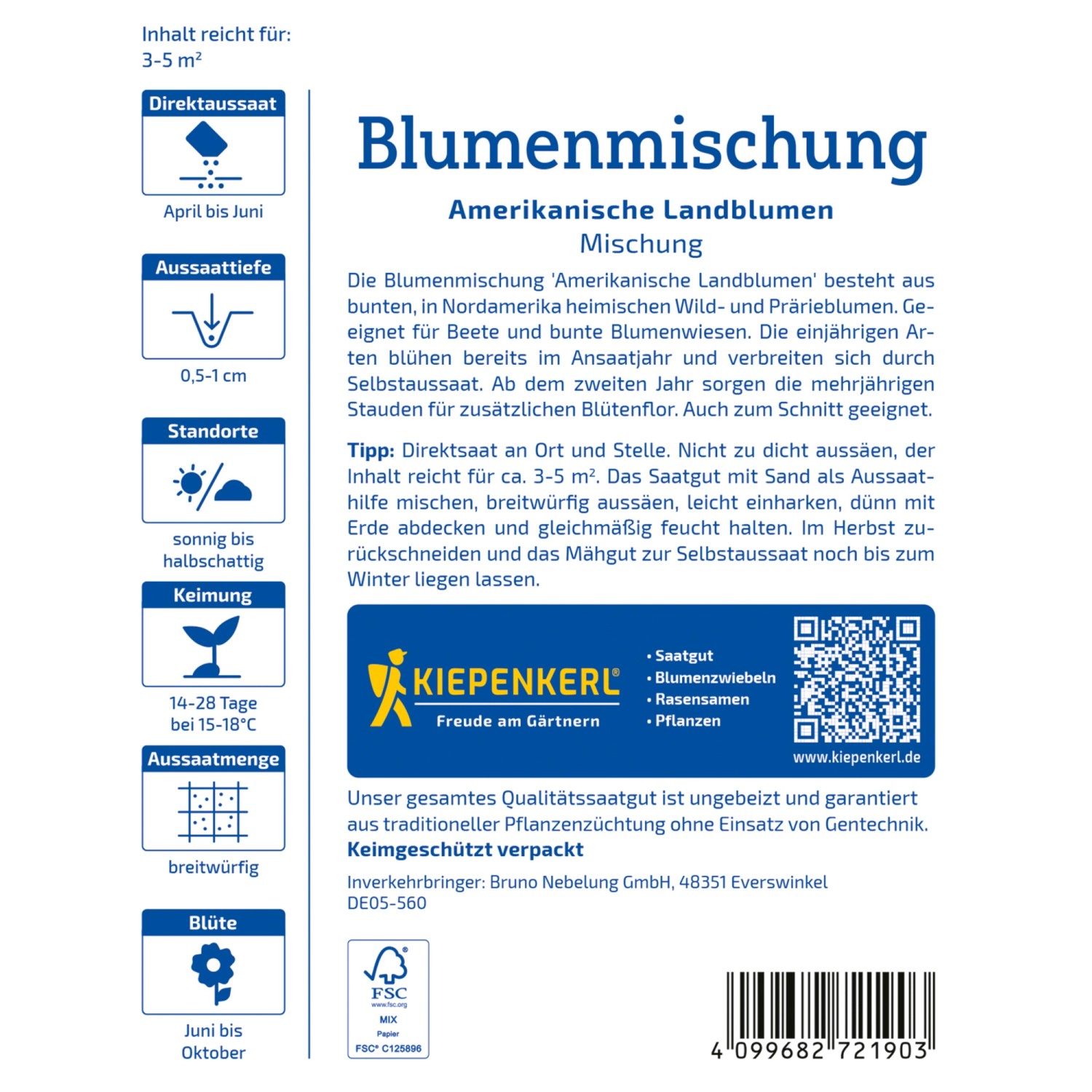 Kiepenkerl Wildblumen Amerikanische Landblumenmischung, Packung für bunte Blumenwiese.
