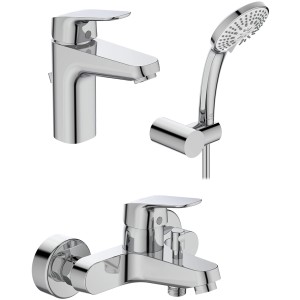 Ideal Standard Ceraflex Armaturenpaket mit Waschtisch-, Badarmatur und Handbrause in Chrom.