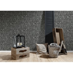 A.S. Création Vliestapete Best of Wood´n Stone Klinkerstein Schwarz, Detailaufnahme einer Wohnraum Szene.