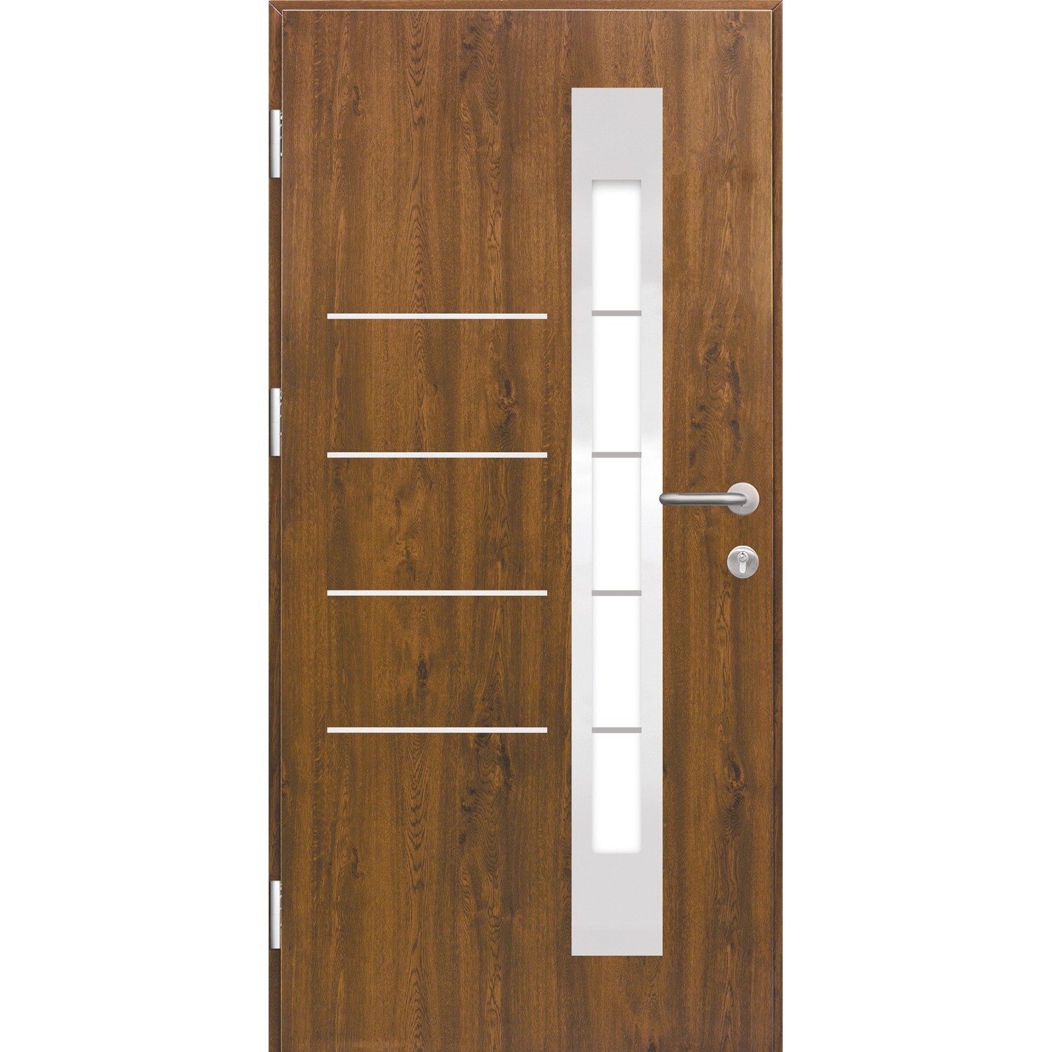 Moderne Splendoor Sicherheits-Haustür Berlin Prime RC2 in Nussbaum mit Glaseinsatz und Edelstahl-Applikationen.