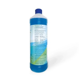 Blaue Lifenaxx Reinigungslösung LX-077 für Fenster Roboter in 1-Liter-Flasche, streifenfreie Fensterreinigung.