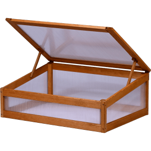 Dobar Frühbeetaufsatz Magic Kubus 2.0, Bernstein, für Holz-Hochbeete. Aufsatz mit geöffnetem Deckel.