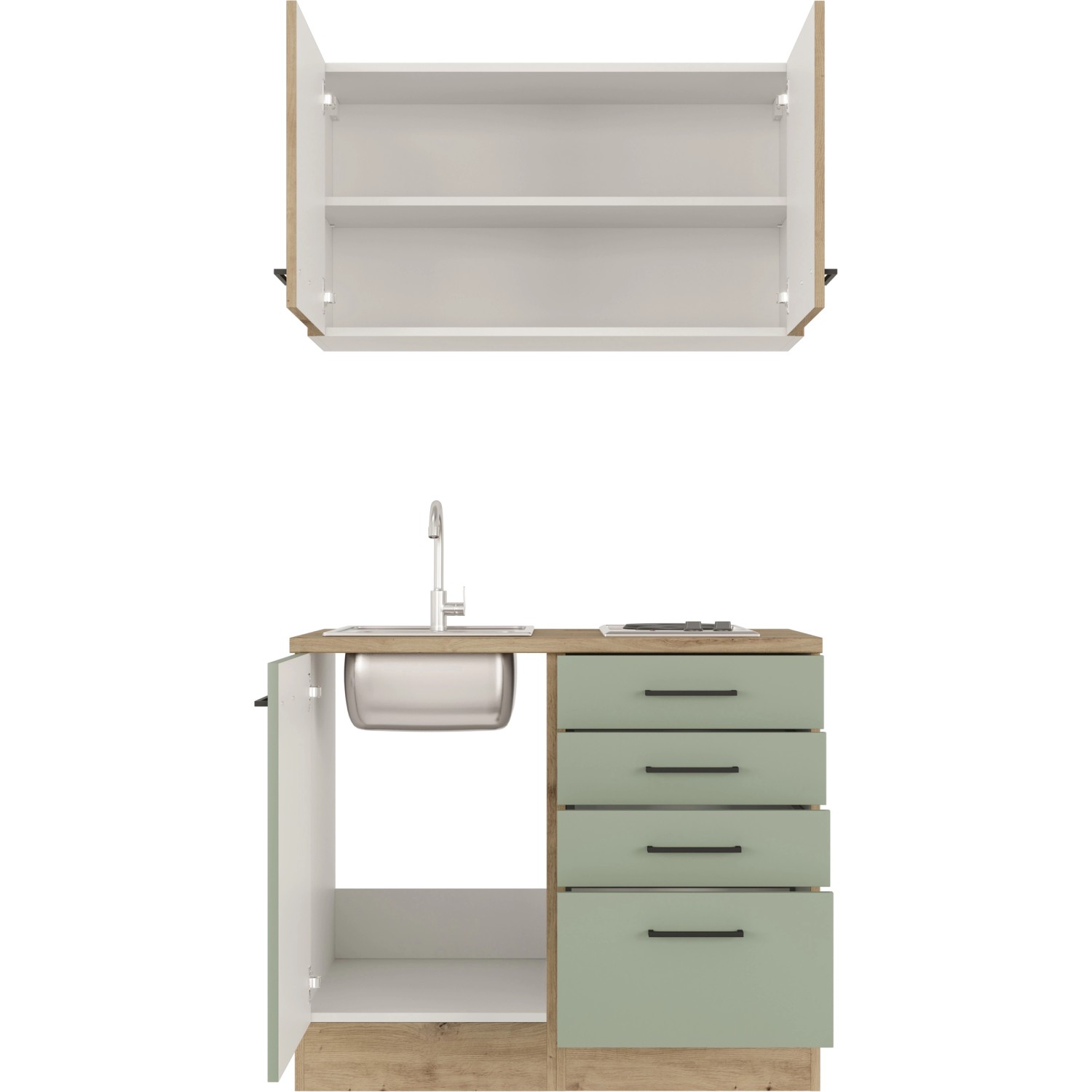 Flex-Well Miniküche Cara, 100 cm, Schilfgrün/Artisan Eiche, mit Spüle und Kochfeld.