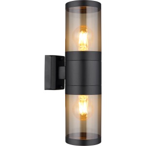Moderne Globo Außenwandleuchte, 2-flammig, schwarz matt mit rauchfarbenem Glas.