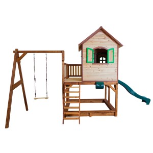 Axi Liam Spielhaus mit Schaukel und grüner Rutsche aus Holz, braun und grün.