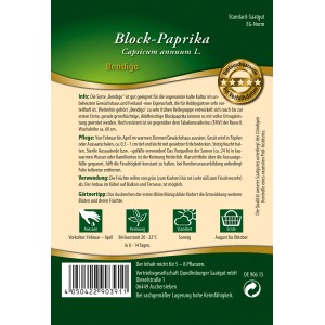 Saatgutpackung Quedlinburger Block-Paprika Bendigo: Frühreifende Paprika Samen für Garten und Gewächshaus.