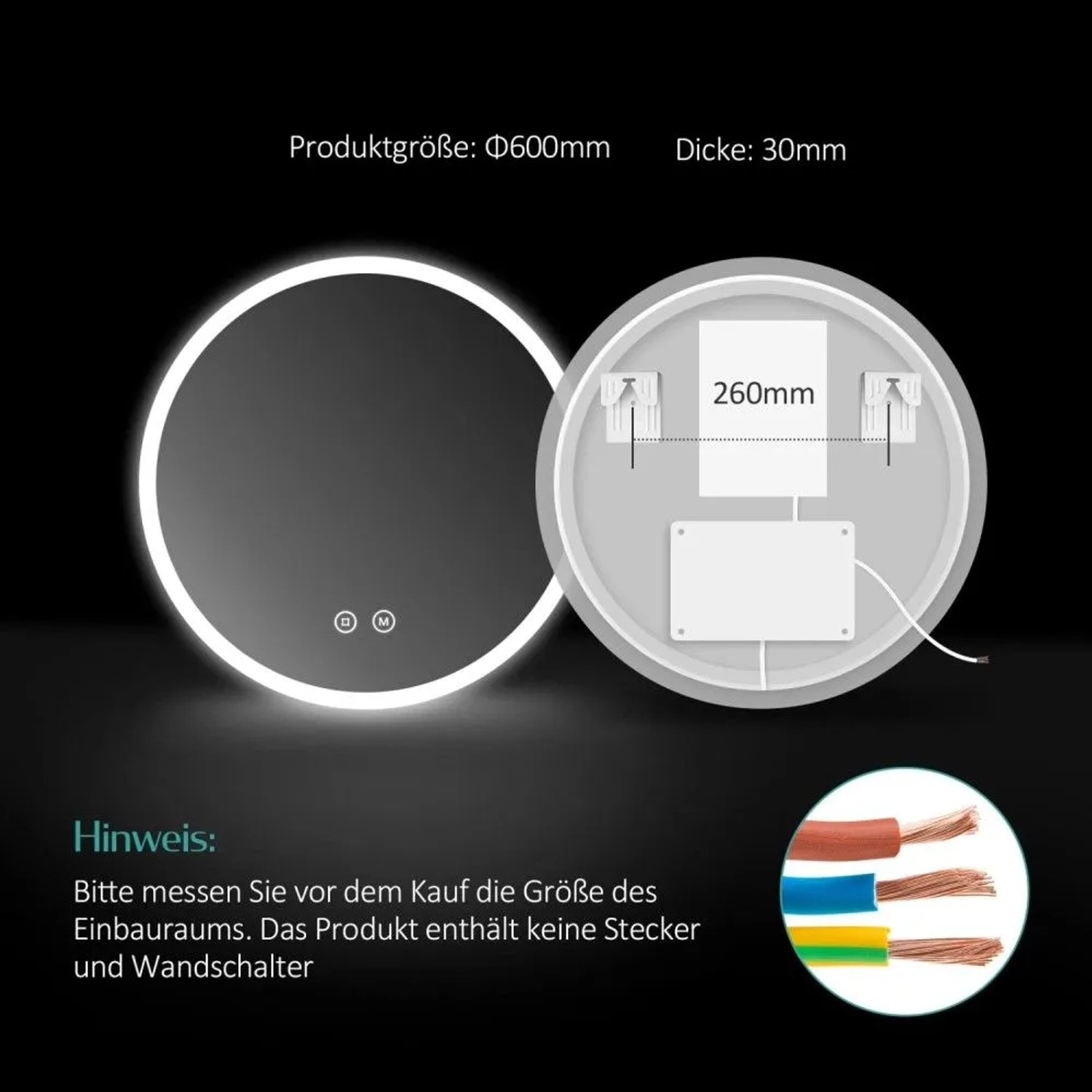 Runder Emke Badspiegel 60cm mit LED-Beleuchtung und Touch-Schalter. Rückseite mit Montage und elektrischen Anschlüssen.